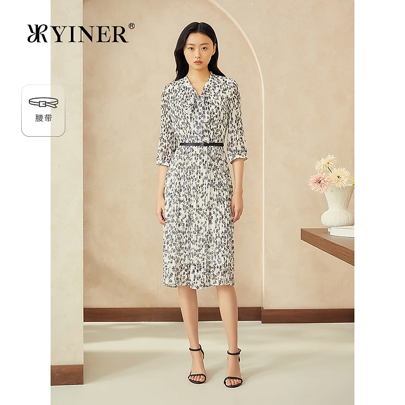 【周末花园】YINER音儿专选2025夏季新款碎花蝴蝶结领皱褶连衣裙