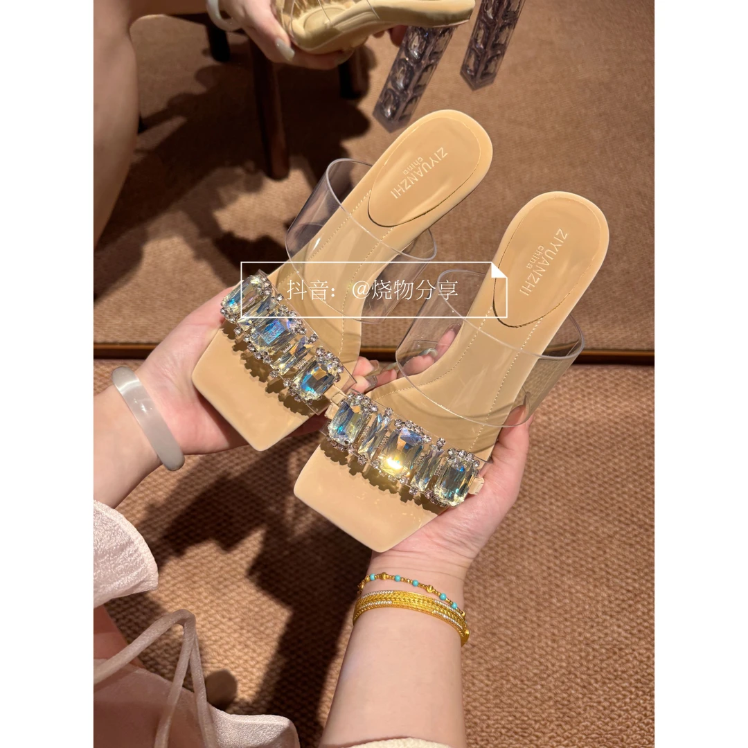【Stani lunraut】幻彩钻透明凉鞋女踩屎感2025新款粗跟水晶高跟鞋