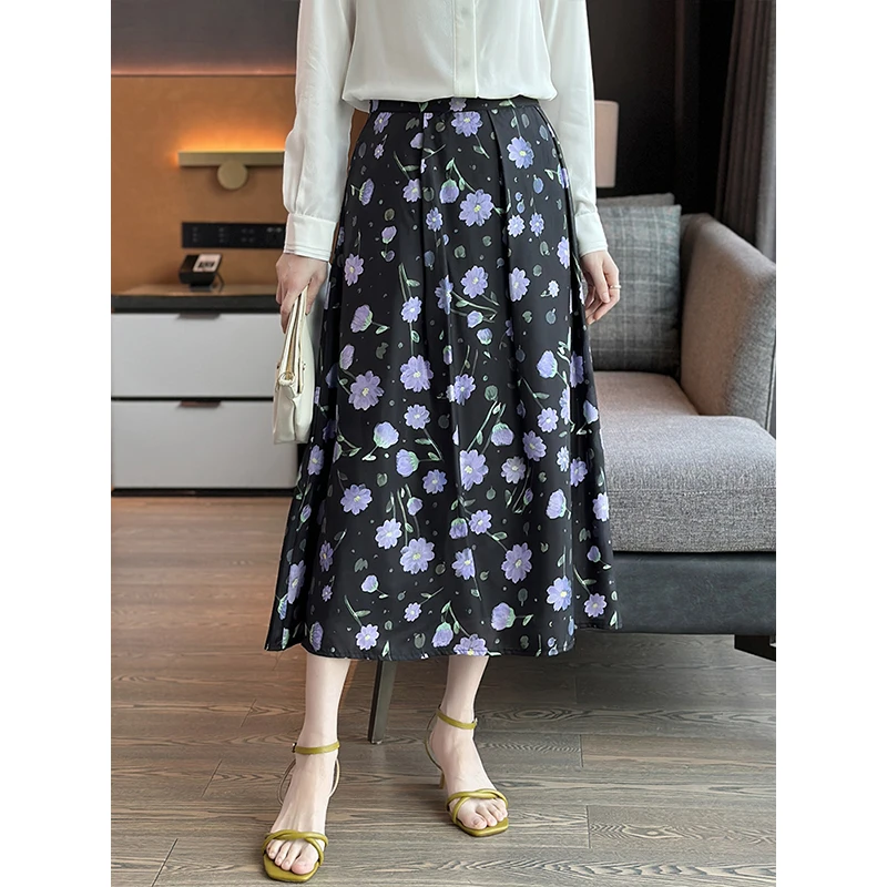 左左家 假日南法风情~重磅电力纺真丝碎花半身裙女大摆显瘦A字裙