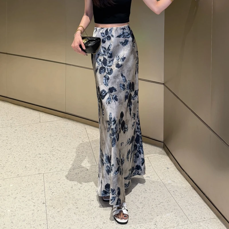 拉夏贝尔法式高腰水墨花半身裙女夏季新款显瘦雪纺碎花包臂长裙子
