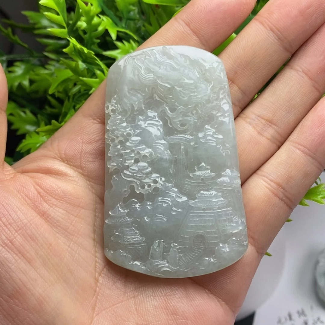 定制翡翠未镶嵌缅甸翡翠冰胶龙行天下山水牌