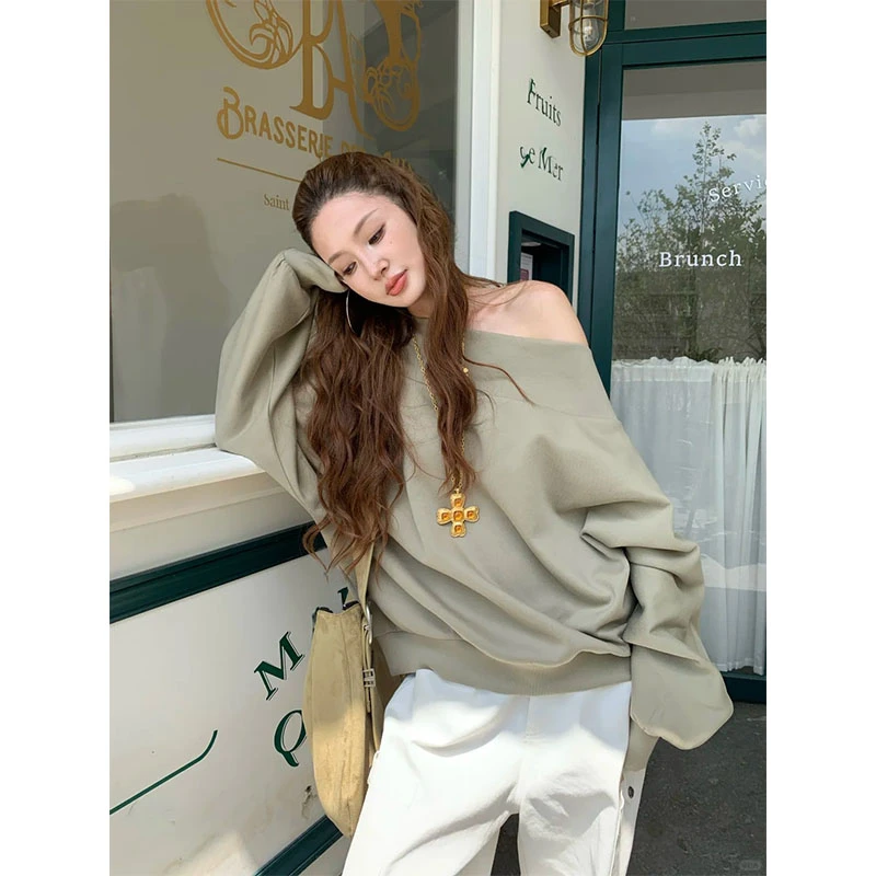 慵懒风宽松显瘦休闲露肩长袖T恤夏季设计感针织休闲直筒长裤两件