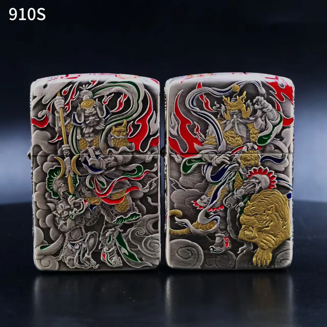 ZORRO佐罗910S盔甲浮雕镀银熏古银珐琅彩鎏金门神煤油打火机