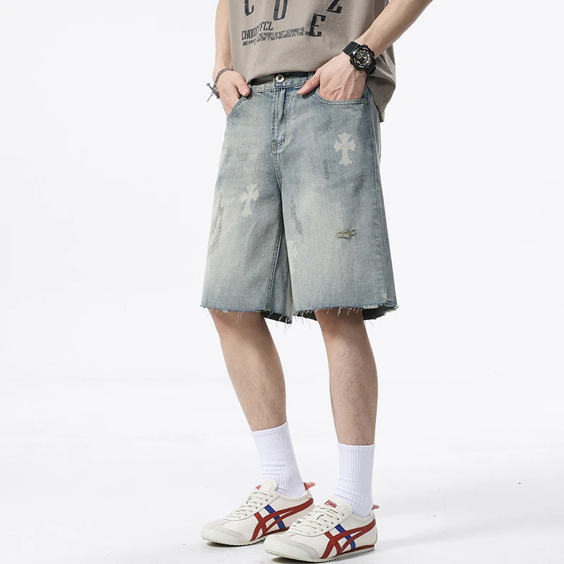 夏季港风新品复古美式牛仔男款高街重工潮牌ins宽松百搭直筒短裤