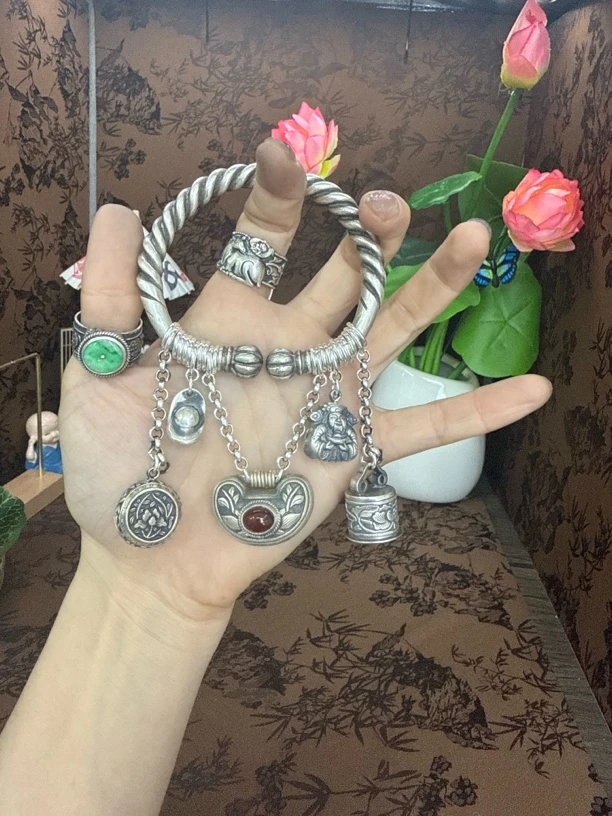 足银手镯 小郑家纯银手工簪刻手镯