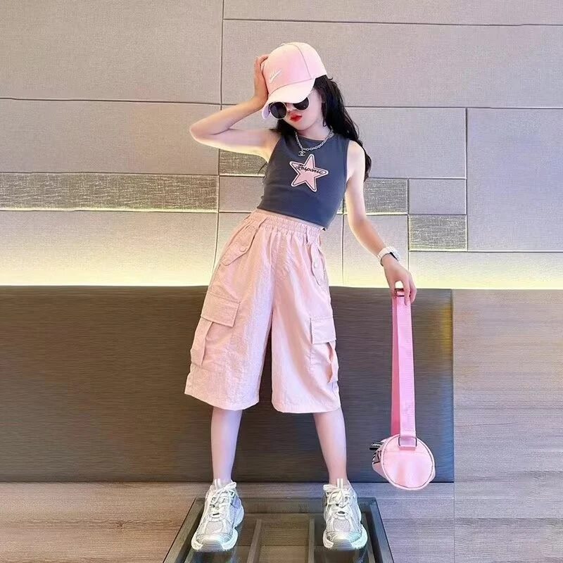 女童粉色工装短裤女大童夏装中裤潮酷儿童夏季薄款七分裤速干裤子