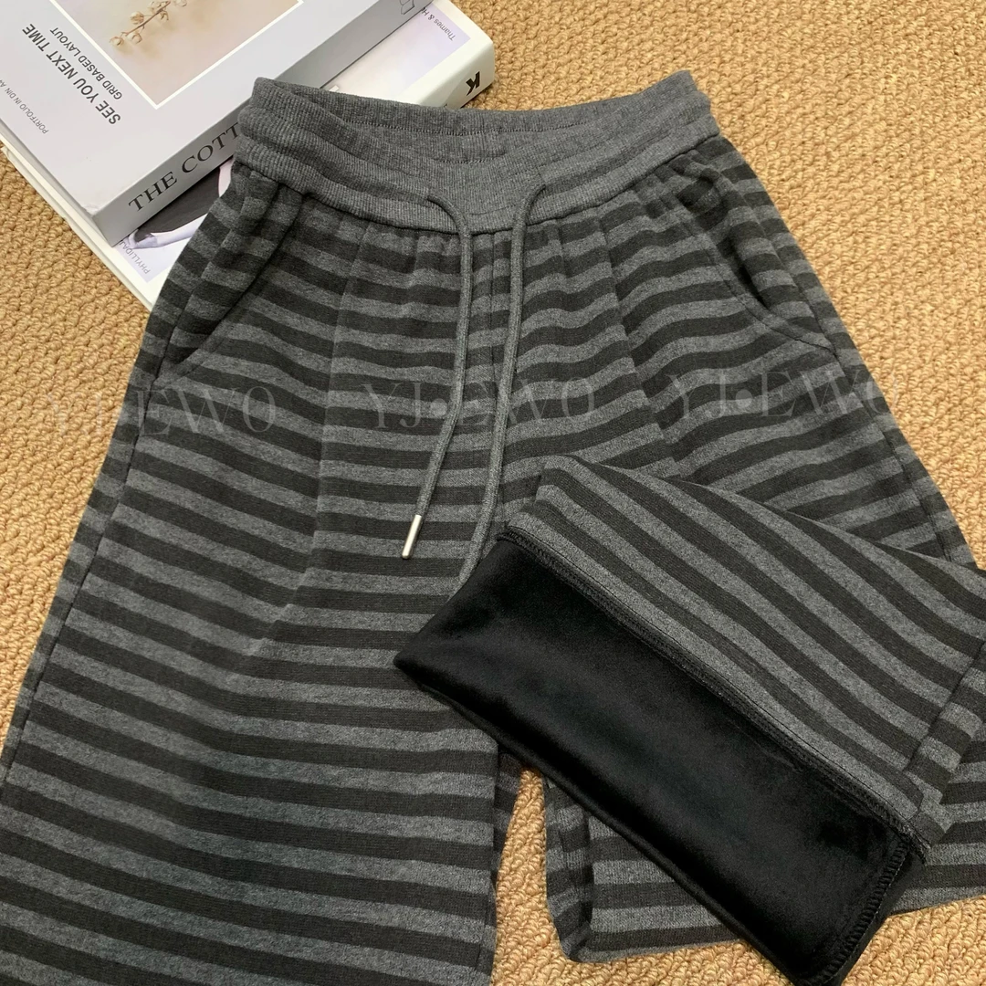 【小爽小个子】冬季新款加绒高腰直筒显瘦条纹宽松休闲裤-YJ1213