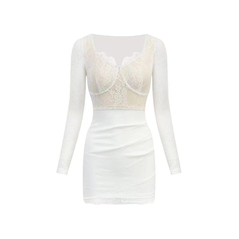 【彤彤推荐】纯欲蕾丝拼接v领长袖连衣裙内搭打底包臀裙子62536