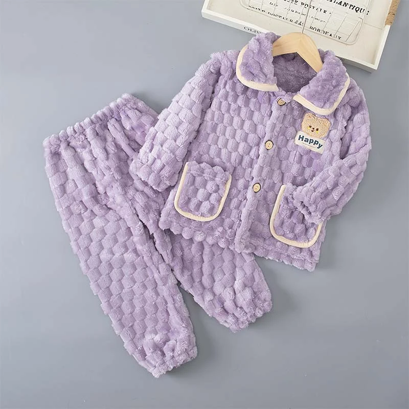 儿童秋冬季睡衣女童女孩珊瑚绒加绒套装男孩法兰绒中大童家居服