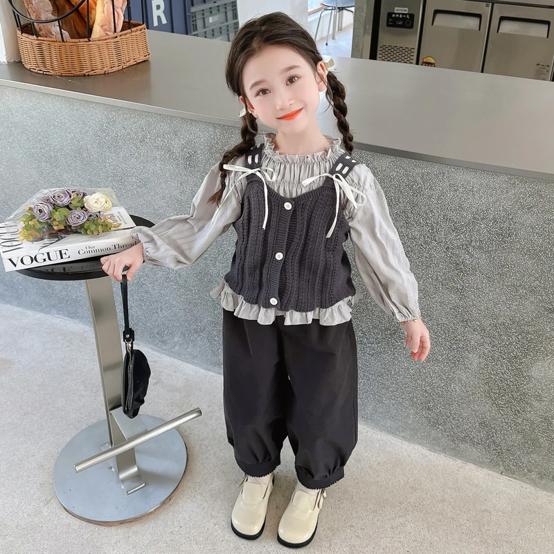 女童春秋季套装新款儿童洋气女宝宝毛线马甲三件套女孩小香风秋装