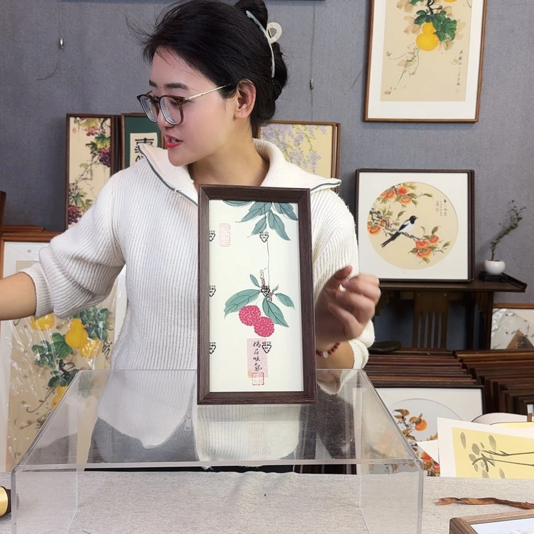 先***吧国画手绘带框尺寸：16*29