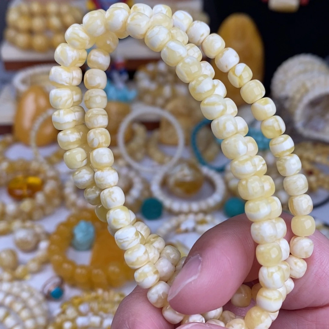 蜜蜡未镶嵌手链瓷白细纹虎皮纹6.5mm长串