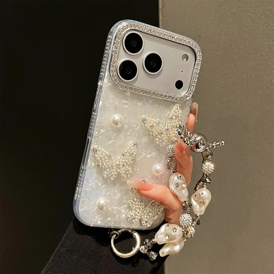 适用于苹果17promax手机壳超好看立体珍珠蝴蝶新款16Pro带镜头膜