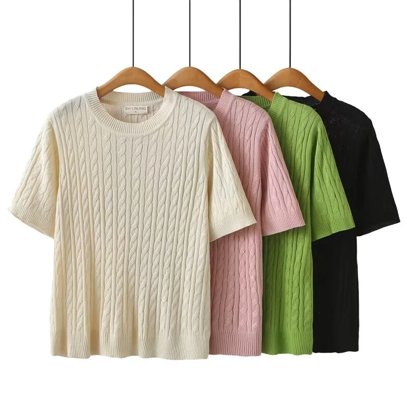 YANUJIAO/雅奴嬌大码短袖t恤女夏季胖mm宽松洋气针织冰丝半袖上衣