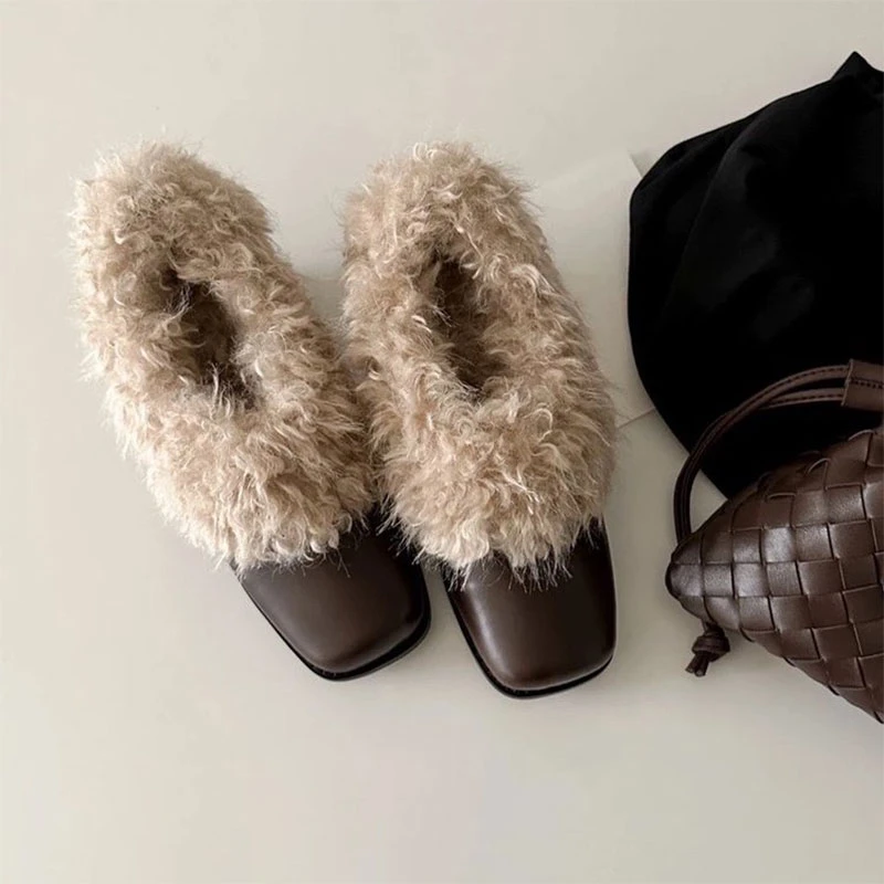 【万达撤柜】方头毛毛鞋一脚蹬复古加绒保暖玛丽珍小皮鞋棉鞋粗跟单