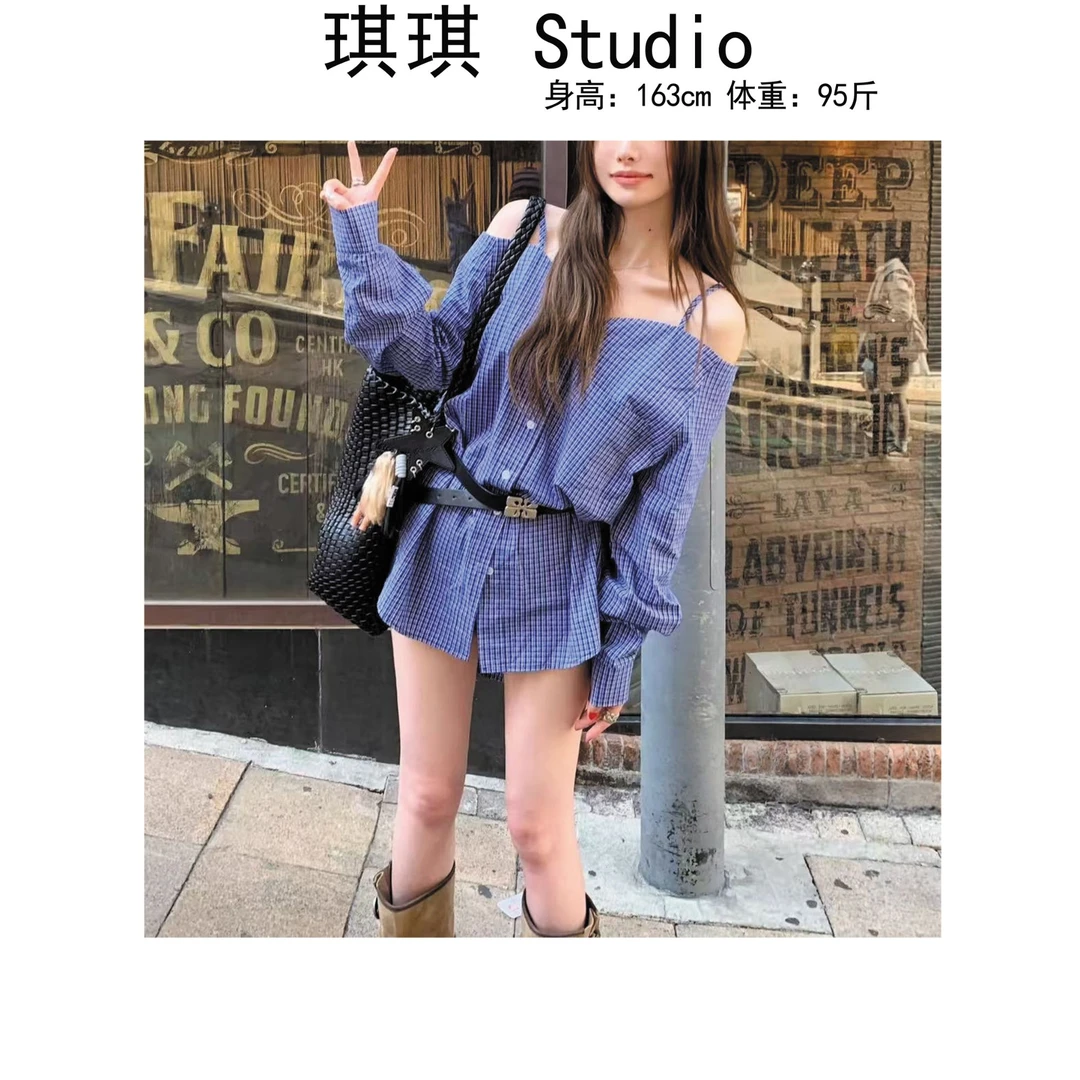 《琪琪家》夏季新款重工设计双肩吊带蓝格子一字肩带腰带衬衫1898-Y
