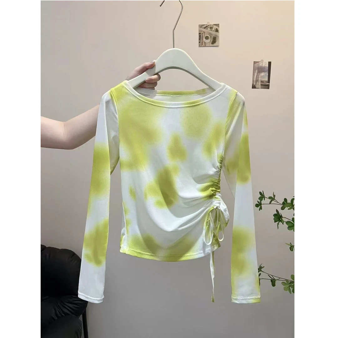 夏季爆款大码扎染长袖网纱防晒罩衫薄款微透抽绳新款上衣女T恤女