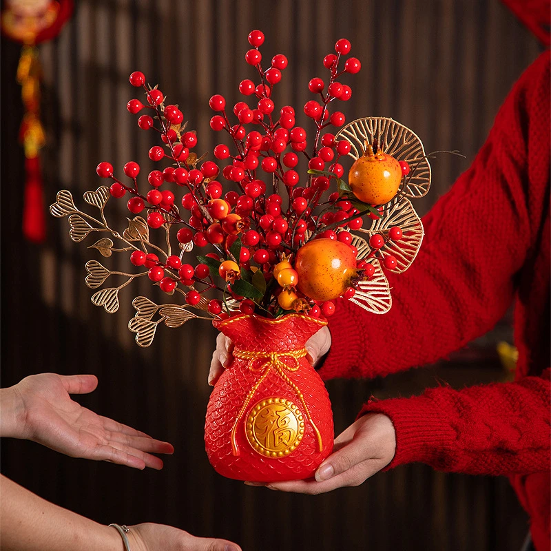 新年过年客厅装饰品发财果福桶摆件2026马年新春桌面树春节插花桶