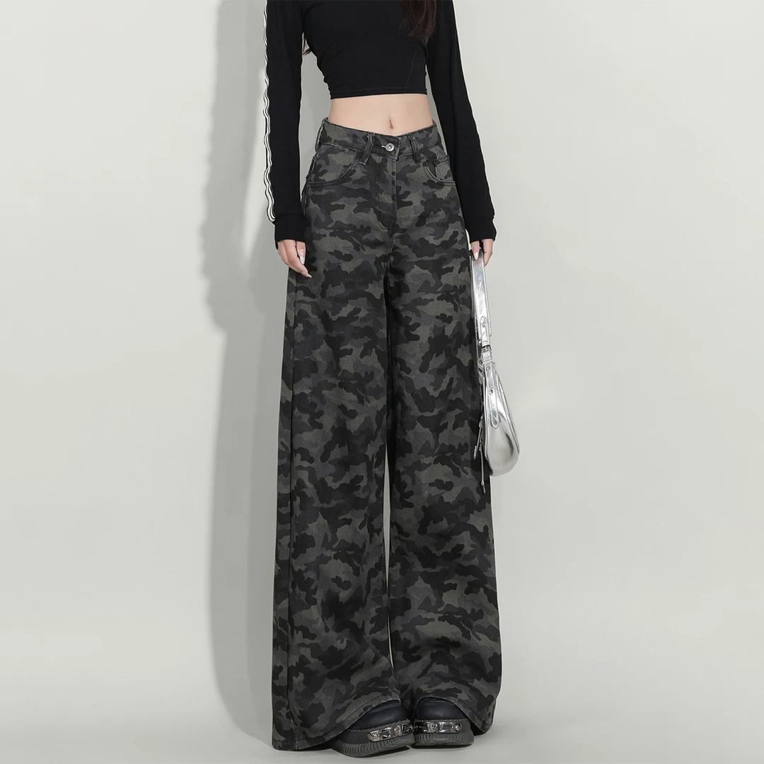 秋季美式复古高腰宽松直筒牛仔裤大码遮胯显瘦梨型身材阔腿迷彩裤