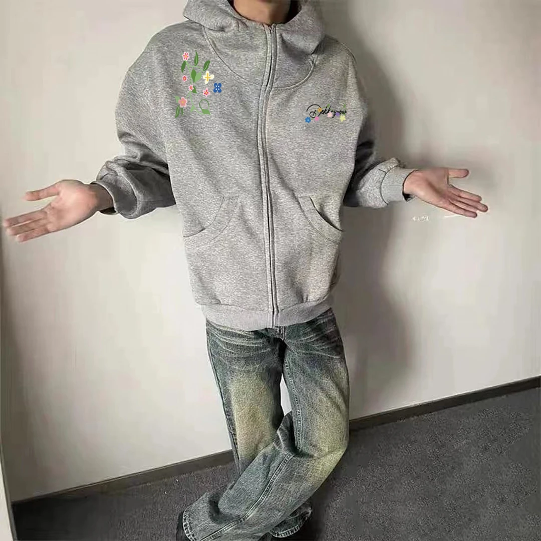 美式花朵字母印花高领开衫连帽卫衣男女秋冬季宽松拉链情侣款外套