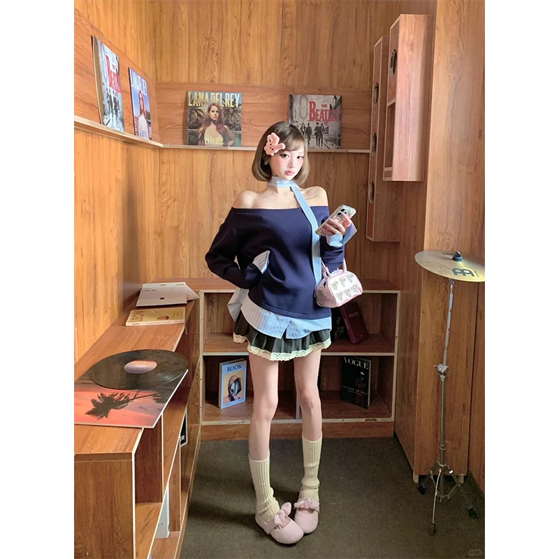 挂脖飘带纯欲风一字肩长袖上衣女秋季新款高腰蕾丝拼接休闲短裙子