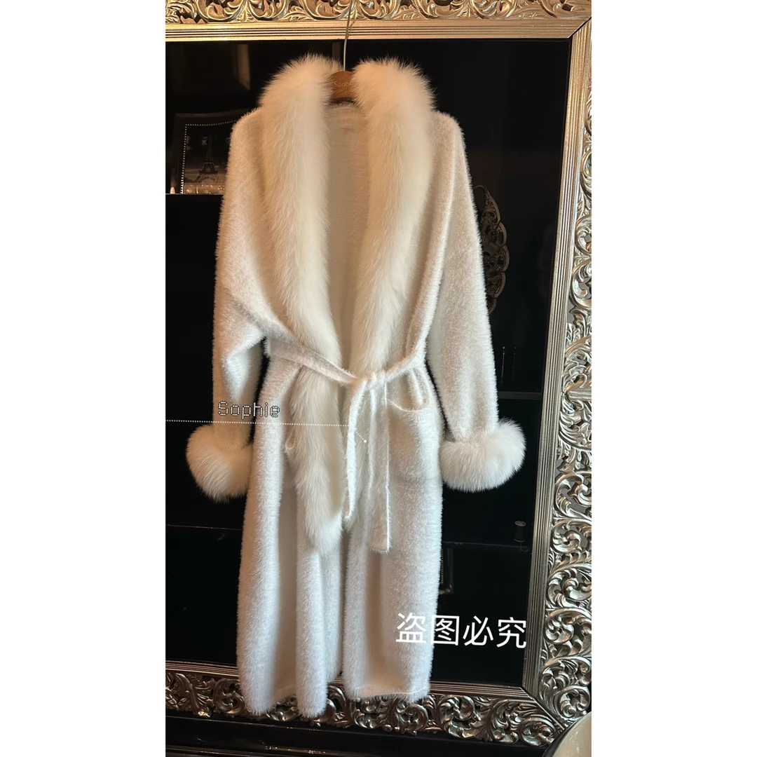 秋冬新款白色慵懒风贵妇毛绒针织修身长款大衣外套088