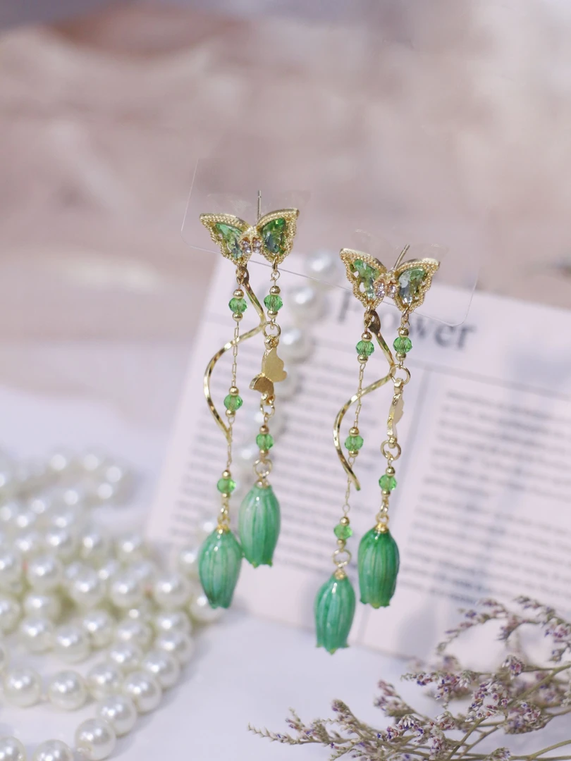 铜合金耳饰 双风铃花蝴蝶长款流苏耳饰永生花度假风复古宫廷耳环