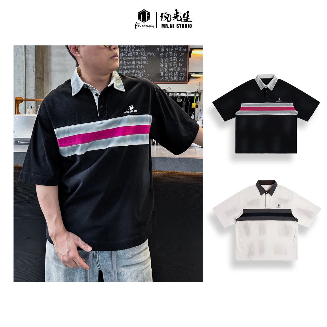 MR.NI/倪先生「無间道」几何主义水洗磨破撞色拼接脏脏短袖POLO衫