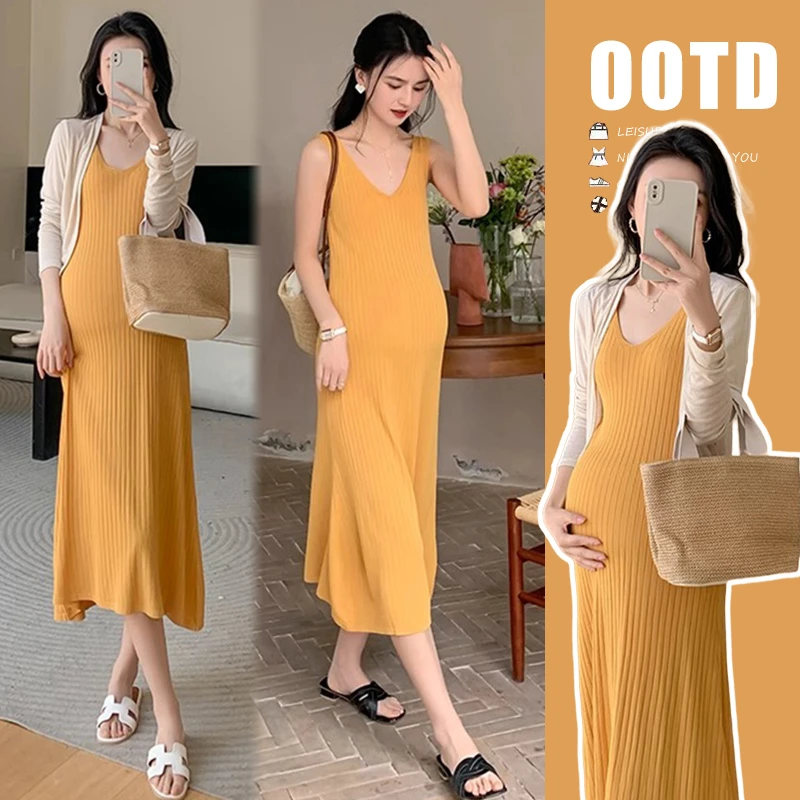 孕妇显瘦针织时尚中长款打底外穿宽松V领修身吊带裙套装洋气时髦
