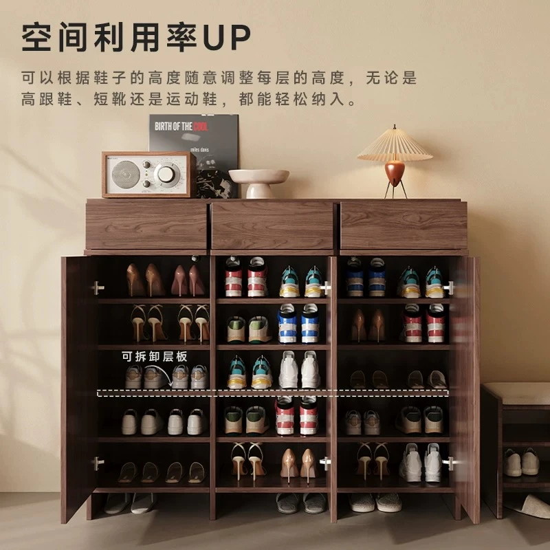 北美黑胡桃木中古风鞋柜家用室内骨骼线鞋架储物柜一体实木鞋柜