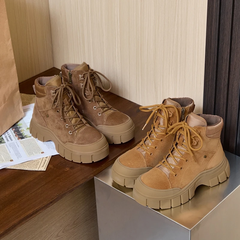32-39跟高6.5cm大黄靴侧拉链厚底工装马丁靴女增高户外徒步登山鞋
