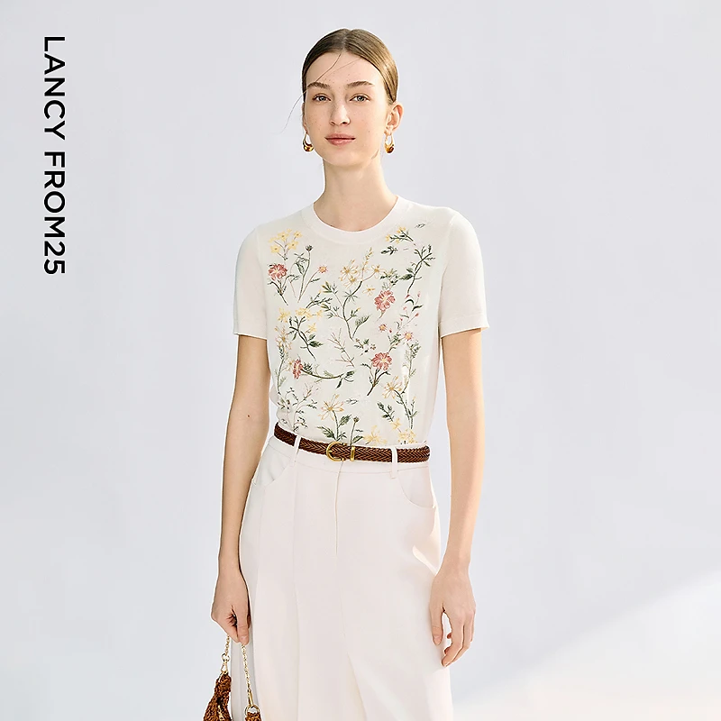 朗姿白色圆领刺绣花朵短袖针织衫莱赛尔醋酸上衣2025气质欧若风