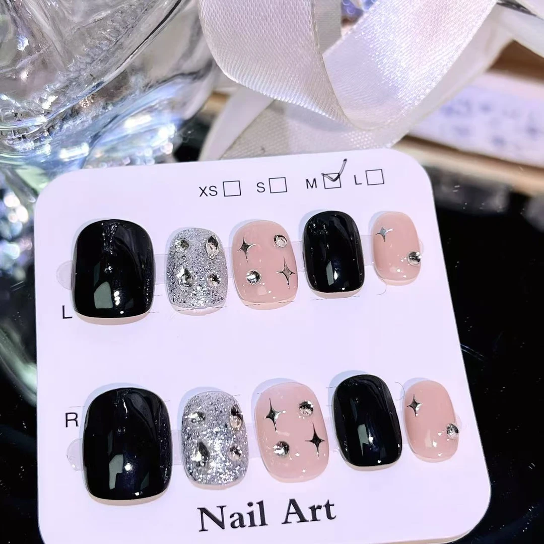 纯手工穿戴式夏日冰透爆闪黑色指甲贴时尚美甲饰品