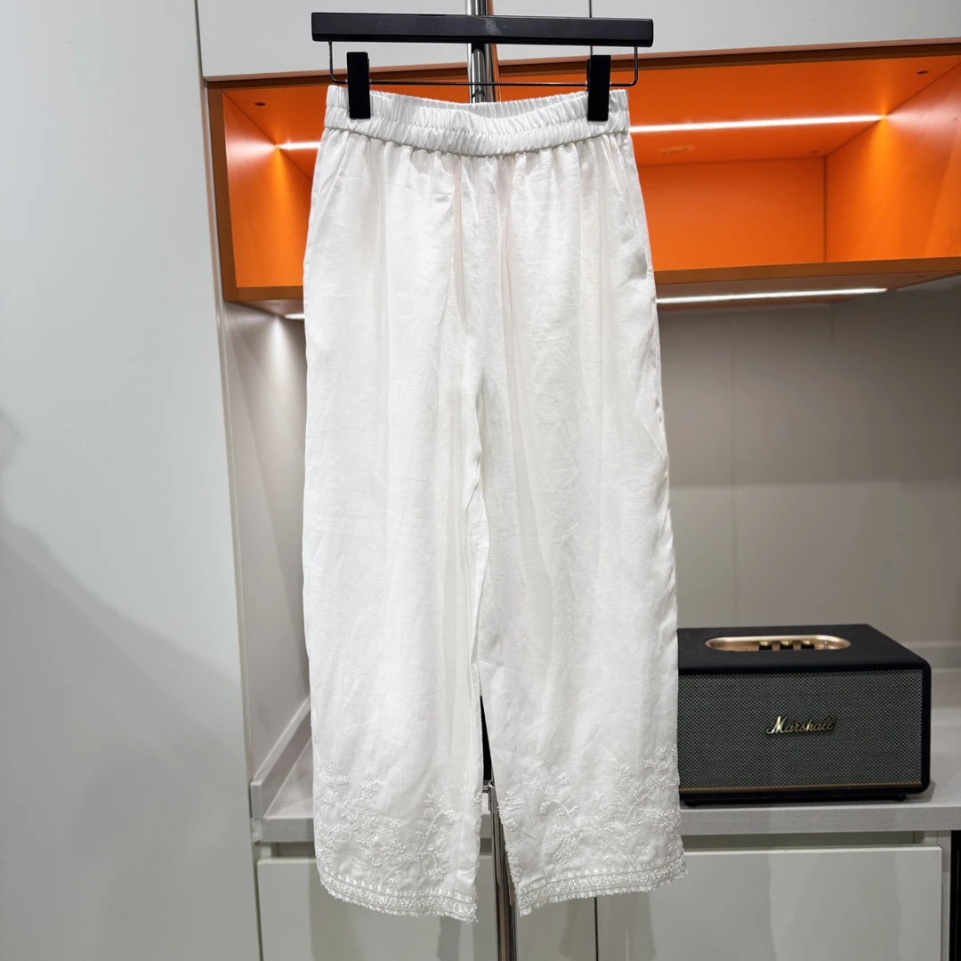 【大M】重工钉珠高腰阔腿女高级感慵懒风透气七分亚麻裤AC05153