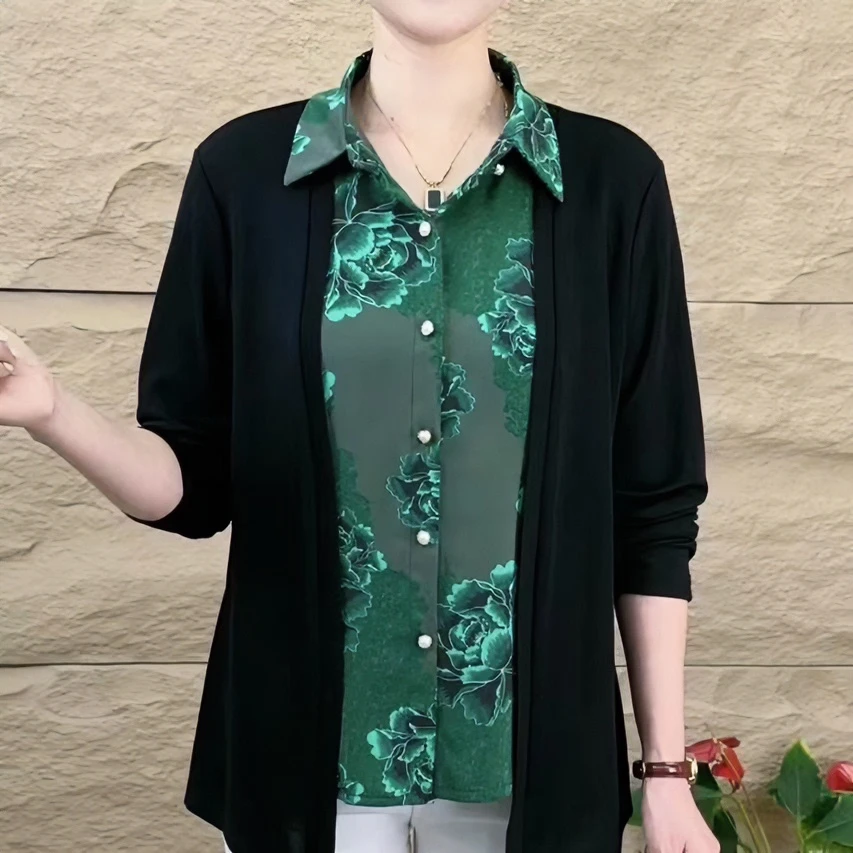 春秋2025年新款洋气减龄妈妈女装显瘦长袖衬衫上衣印花假两件衬衣