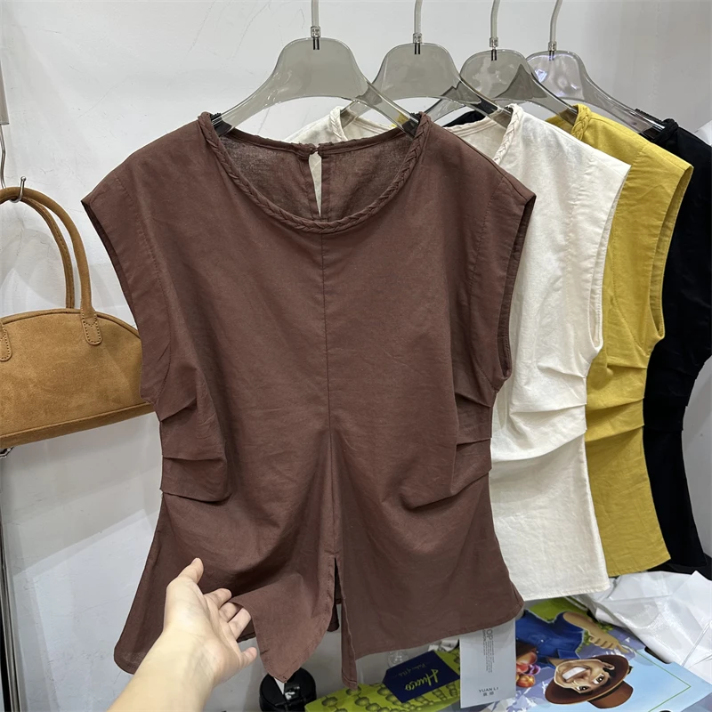 9850新款无袖衬衫褶皱设计感2夏新款小众别致圆领百搭设计感上衣