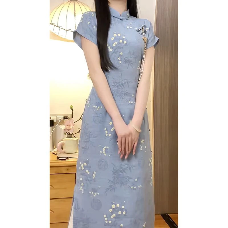 2025新款夏季新中式百搭日常短袖连衣裙女小个子蓝色古法改良旗袍