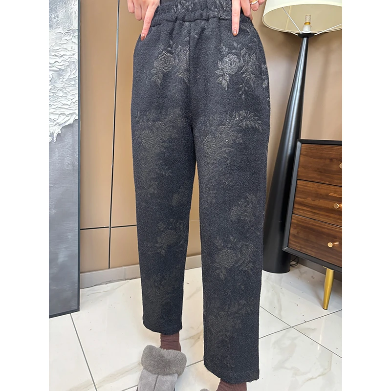【美美新中式】时尚百搭女士加厚休闲裤花纹重工冬季宽松复古女裤