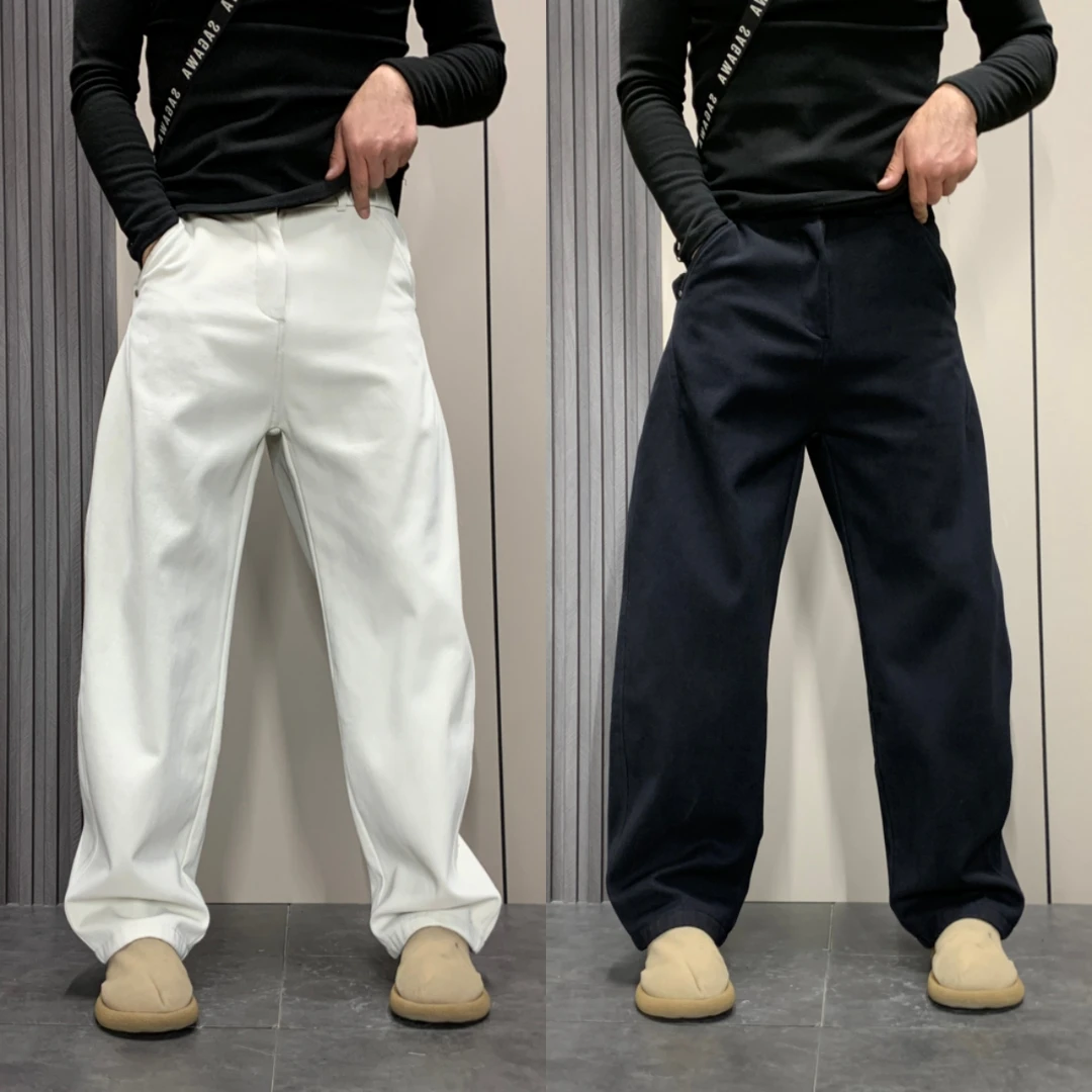 秋冬新款男士修身显瘦直筒裤痞帅潮流长裤加绒加厚重磅水洗阔腿裤