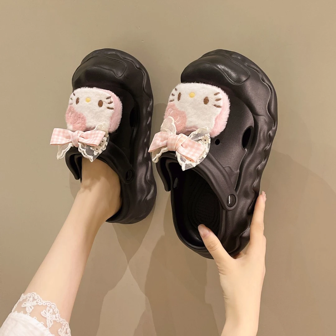 可爱卡通KT猫洞洞鞋女2025年夏季时尚百搭厚底增高蝴蝶结包头拖鞋