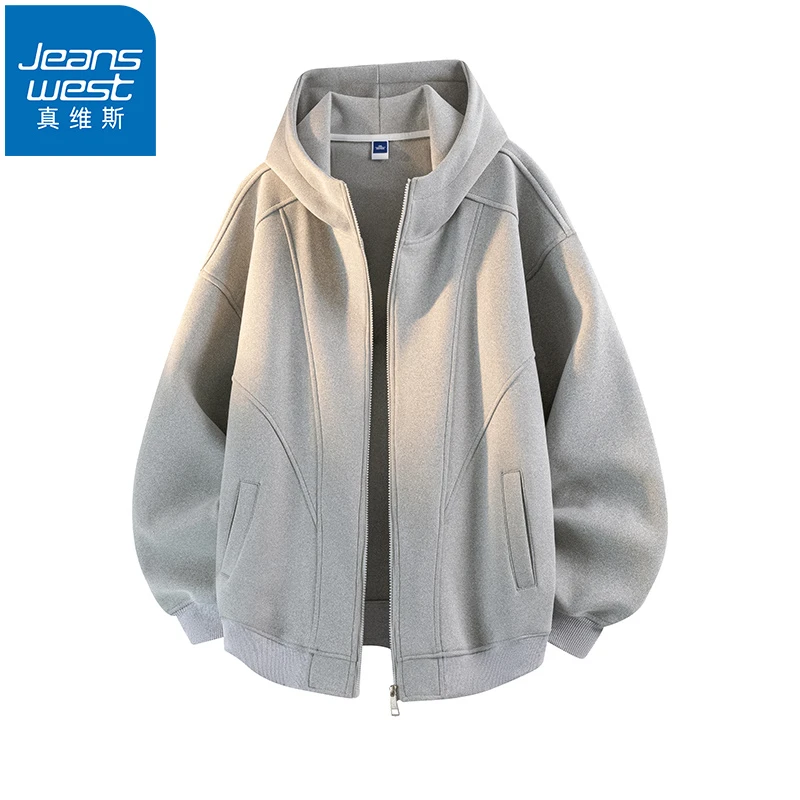 Jeanswest/真维斯开衫连帽卫衣男秋冬季宽松纯色潮流百搭休闲外套