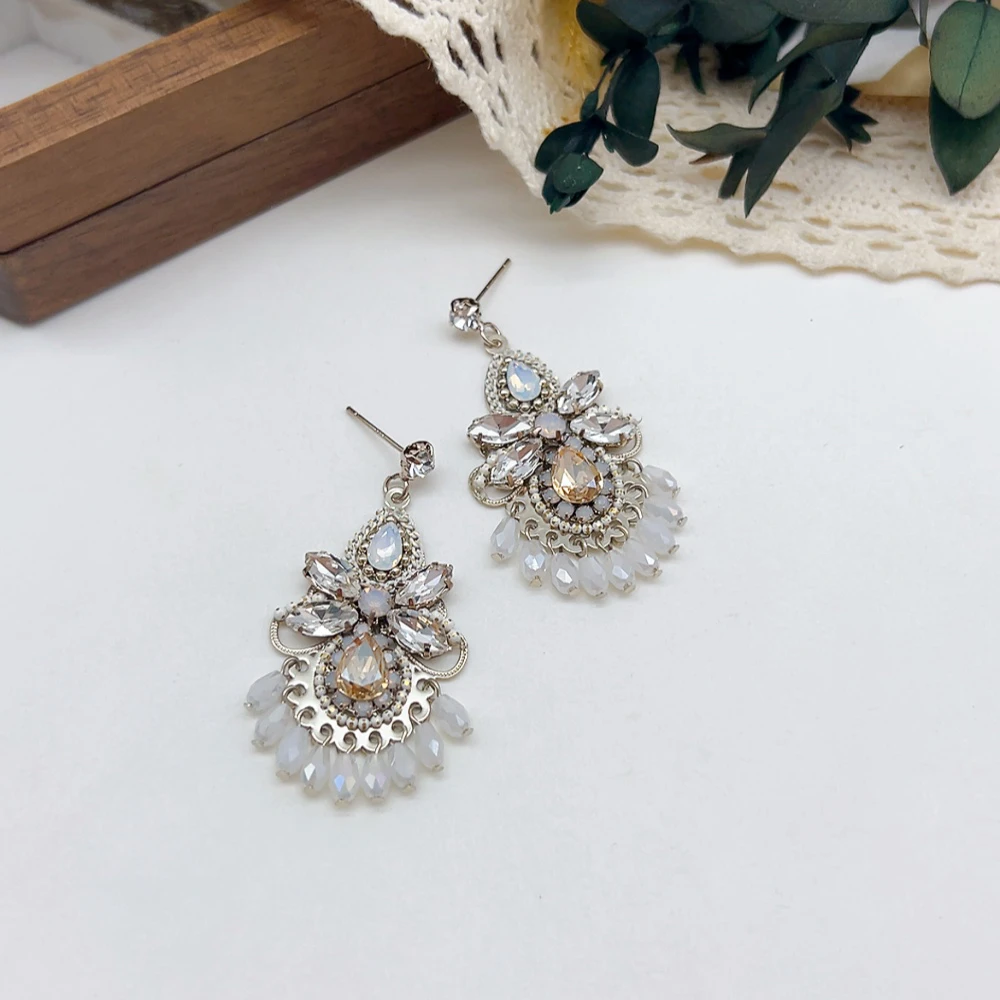 铜合金仿水晶耳饰 银针 02895 好啊商店 复古白色流苏耳坠