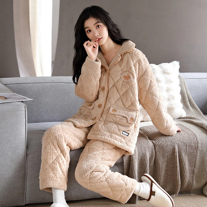 愉生活女珊瑚绒夹棉睡衣套装2025冬季新款三层加厚加绒保暖家居服