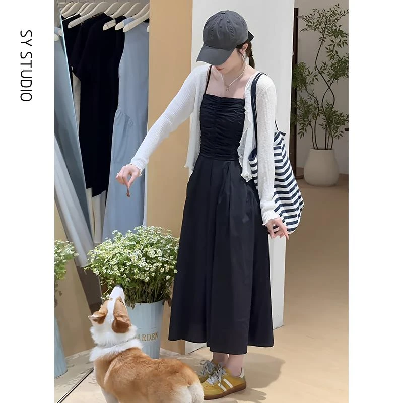 VOCKOO官方独特漂亮夏装两件套韩系气质温柔风薄款开衫收腰吊带连