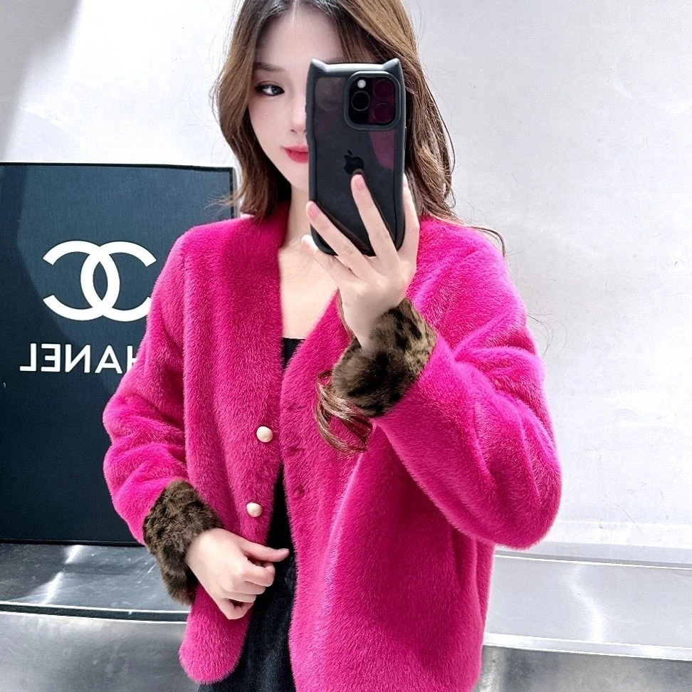 2025款时装豹纹撞色V领环A草草毛毛外套