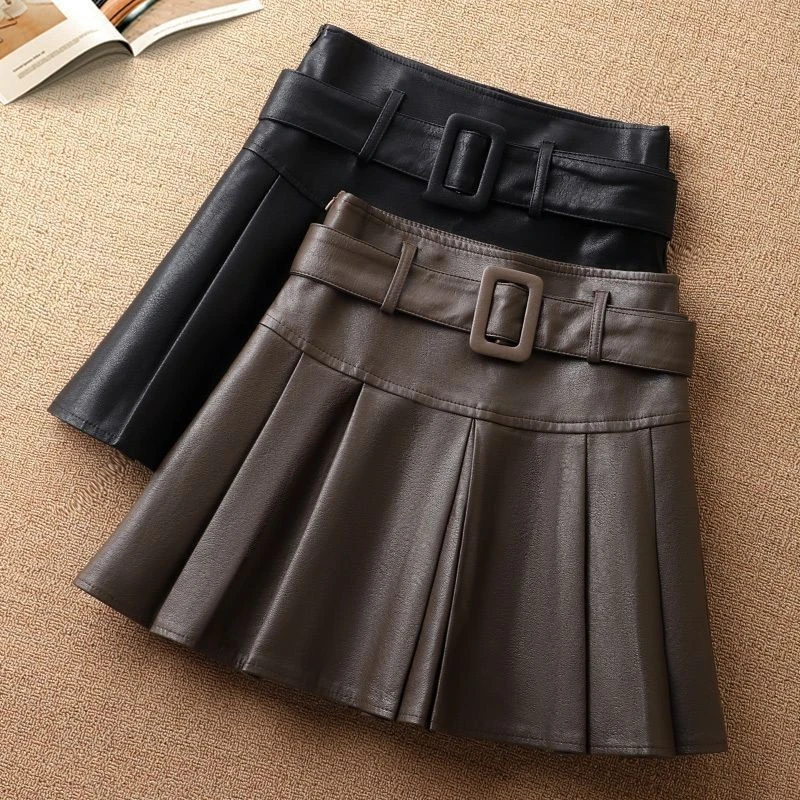 2025秋季新款半身裙女高腰大码皮短裙子时尚百搭显瘦百褶小皮裙潮