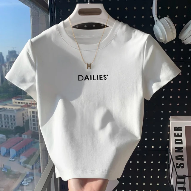 夏季正肩棉短袖T恤女2025新款爆款时尚百搭短款显瘦小众上衣