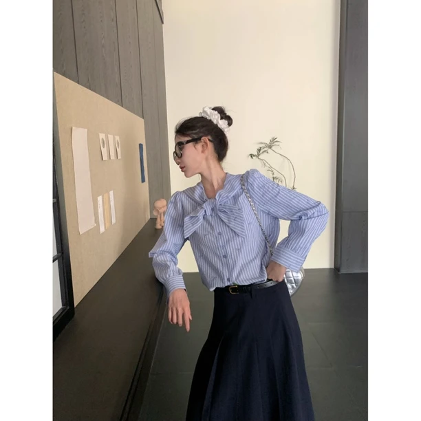 【赵小小&时髦任意门 】7587 蓝色条纹海军领宽松衬衫设计长袖上衣