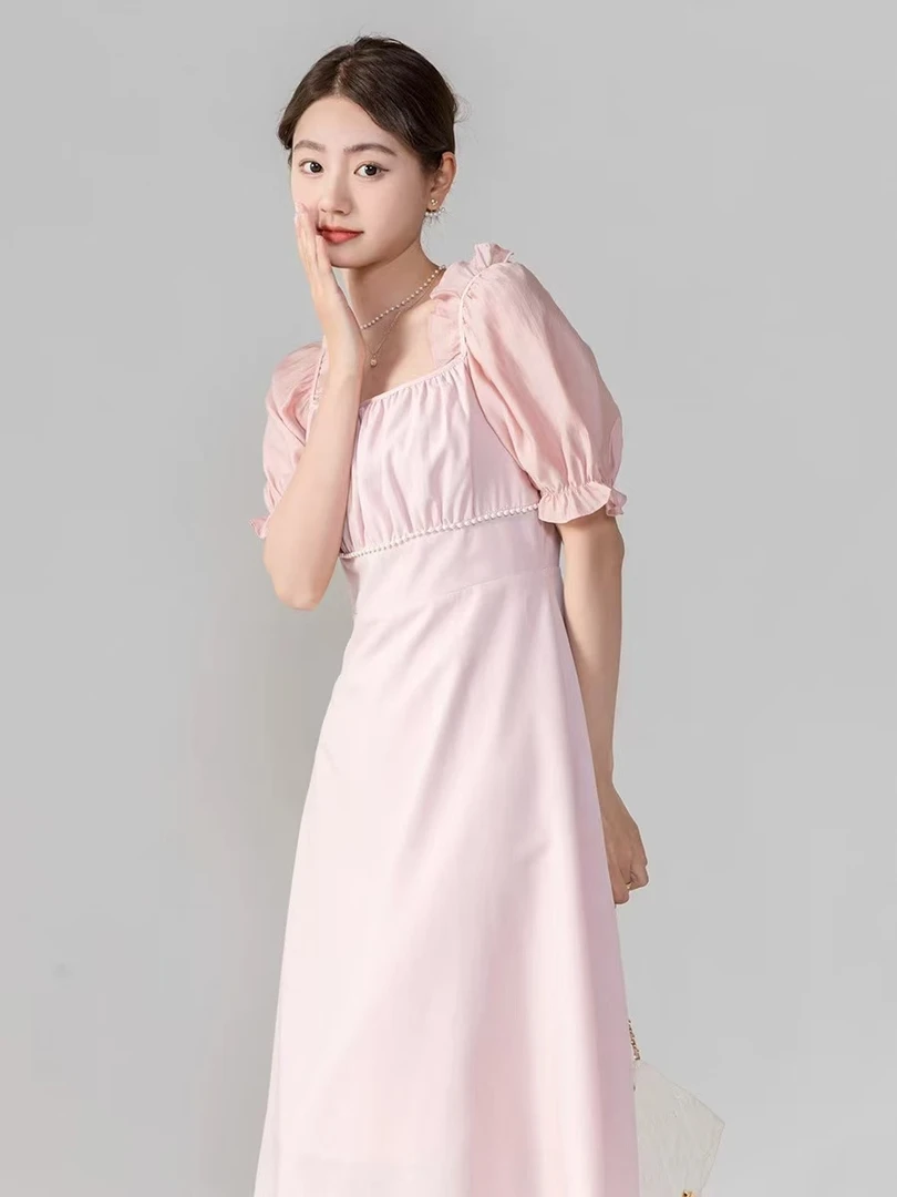 4731 法式泡泡袖连衣裙夏季新款高腰设计感小众气质修身a字裙子