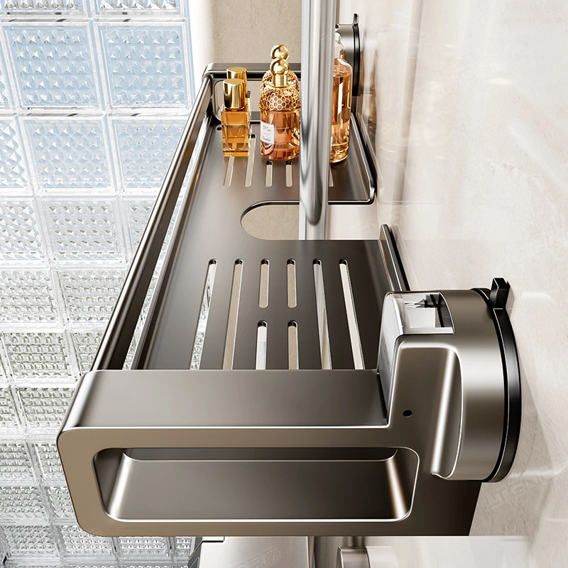 卫生间吸盘花洒置物架浴室免打孔墙上壁挂托盘家用淋浴间收纳挂架